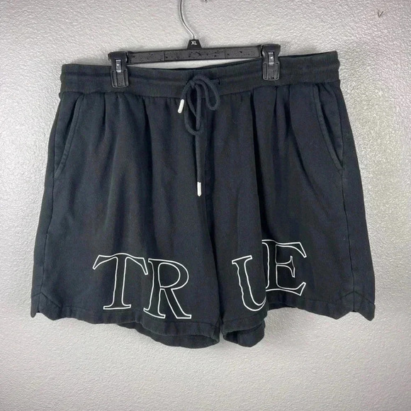 True Religion Men’s Basketball Fleece Shorts Black Y2K 2XL Pull On Drawstring - Picture 1 of 9